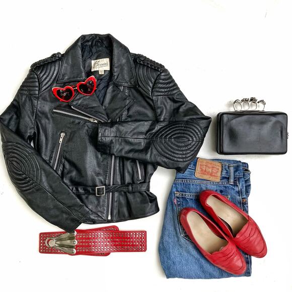 Vintage Black Leather Moto Jacket | Braided Quilted Shoulders   90s Biker Staple - Picture 1 of 16